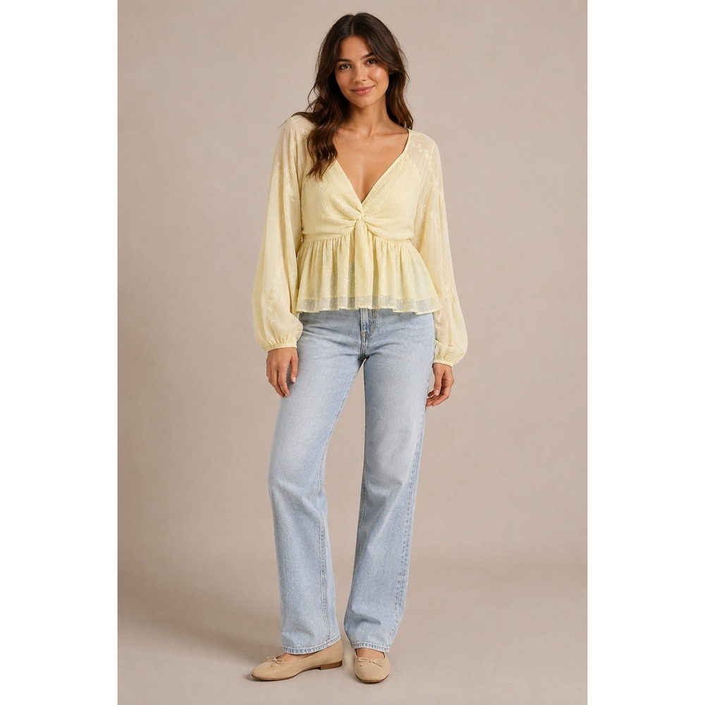 American Eagle Peplum Top Women Large Cream Swiss Dot Embroidered Balloon Slv